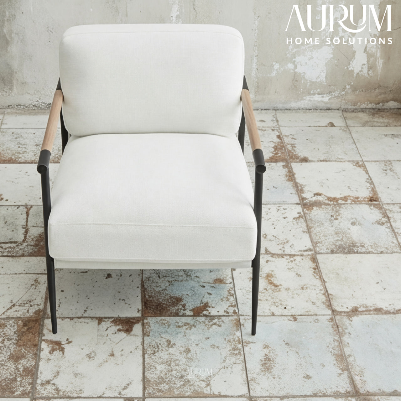 Upholstered White Accent Chair with Metal Legs & Arms