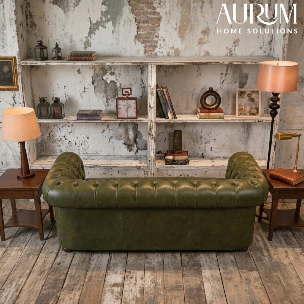 Brand New Olive Green Genuine Leather Chesterfield 2-Seater Sofa