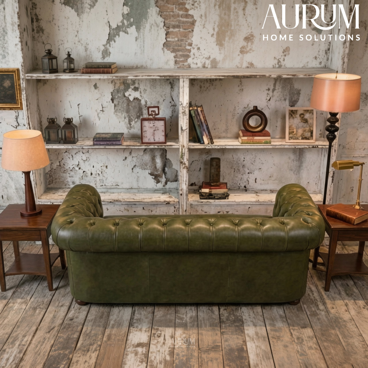 Brand New Olive Green Genuine Leather Chesterfield 2-Seater Sofa