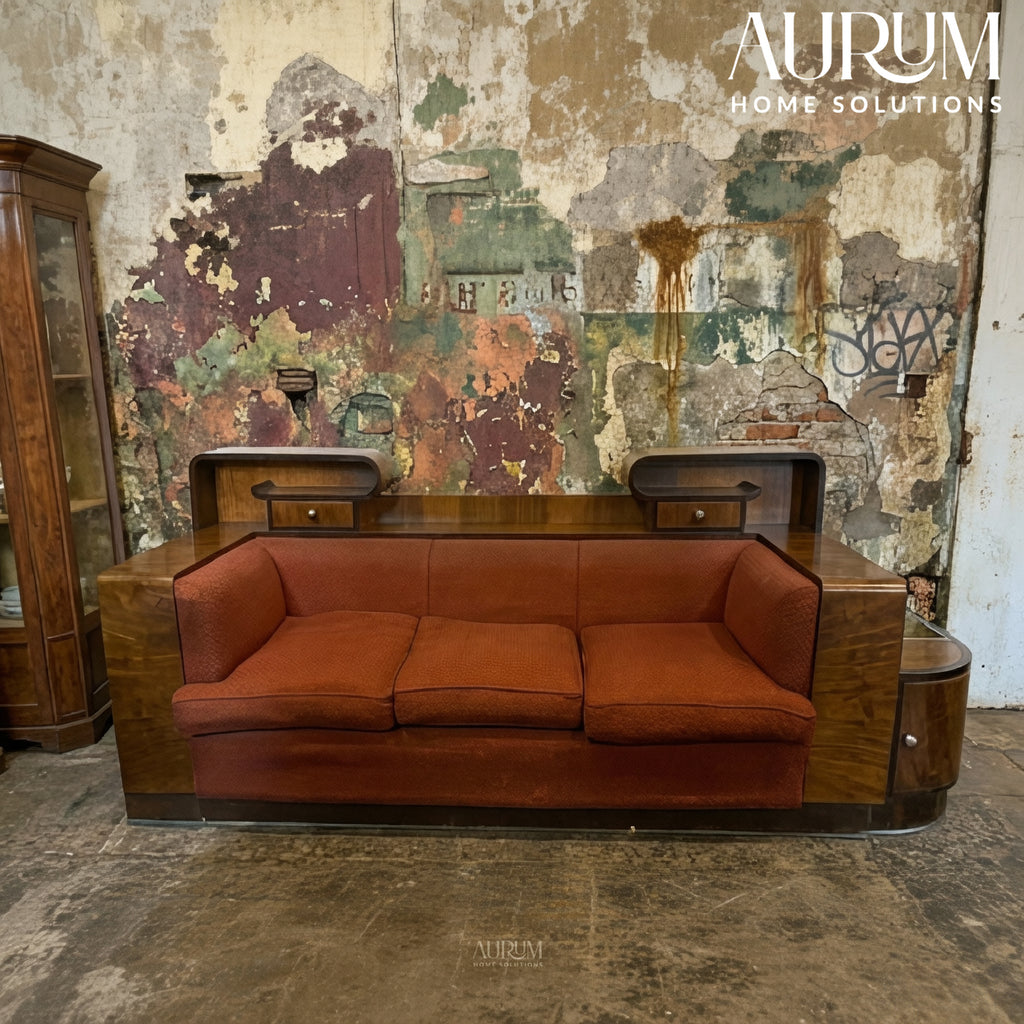 Walnut Italian Sofa with Built-In Bar Cabinet