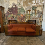 Walnut Italian Sofa with Built-In Bar Cabinet