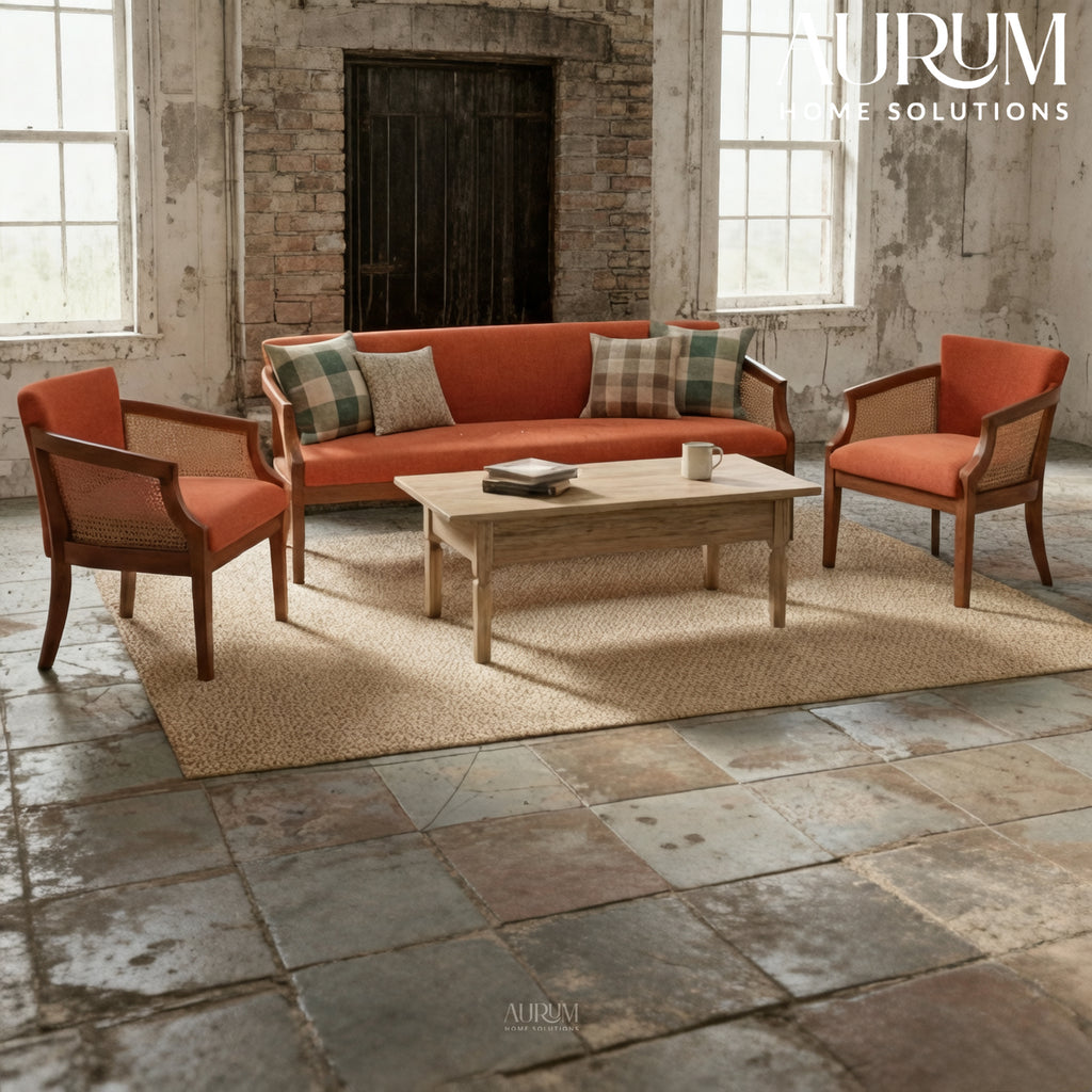 Heritage Teak and Cane Sofa Set with Cushions