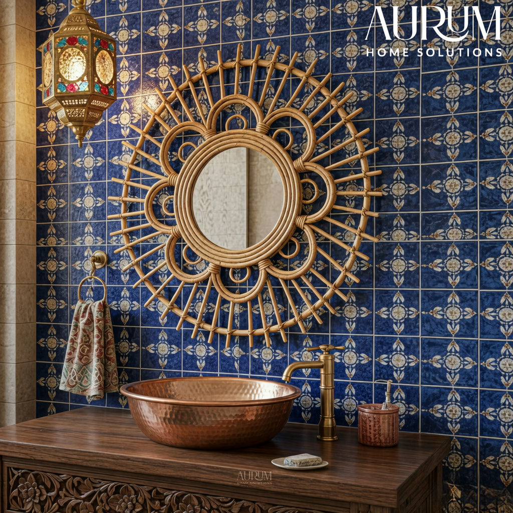 Wall Mirror with Rattan Sunburst Design for Homes
