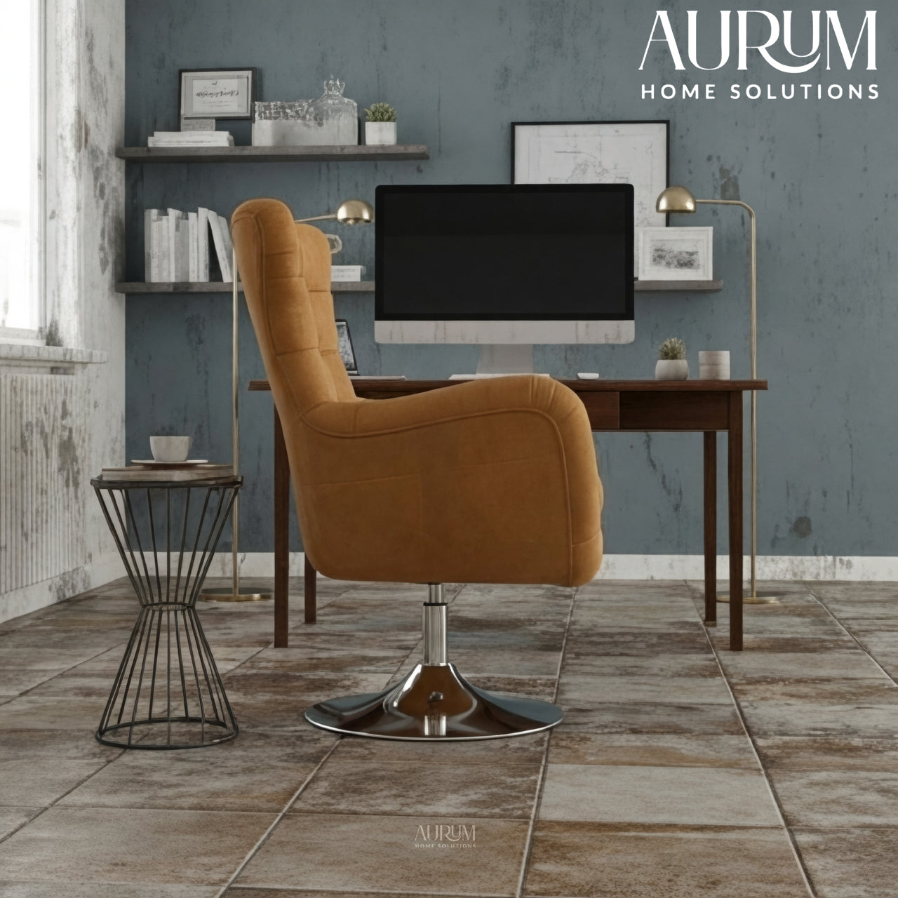 Elegance Teakwood Tufted Wingback Chair with Metal Base