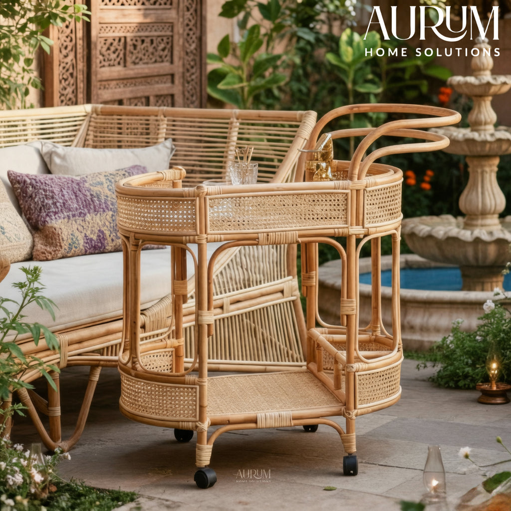 Bar Cart with Rattan Shelves and Rolling Wheels
