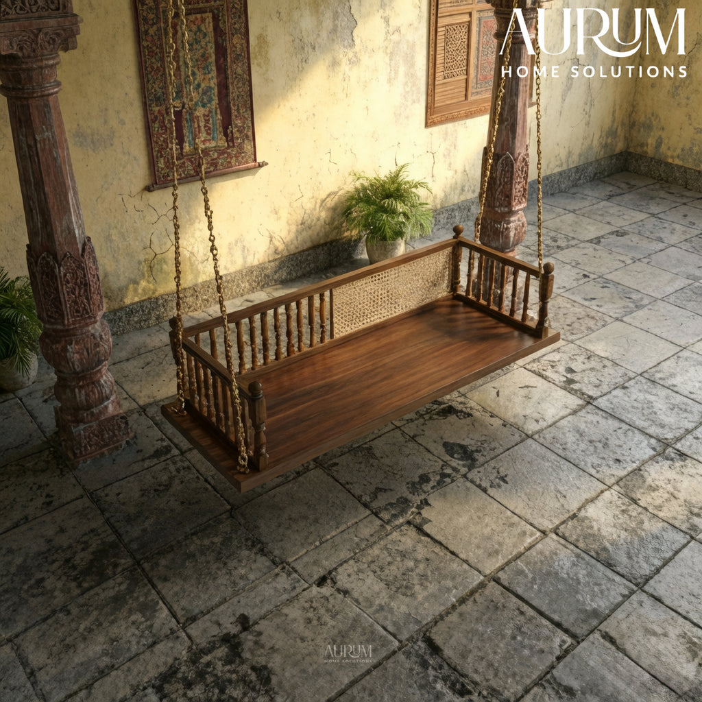 Classic Slatted Back Teakwood Swing with Cane Inlay