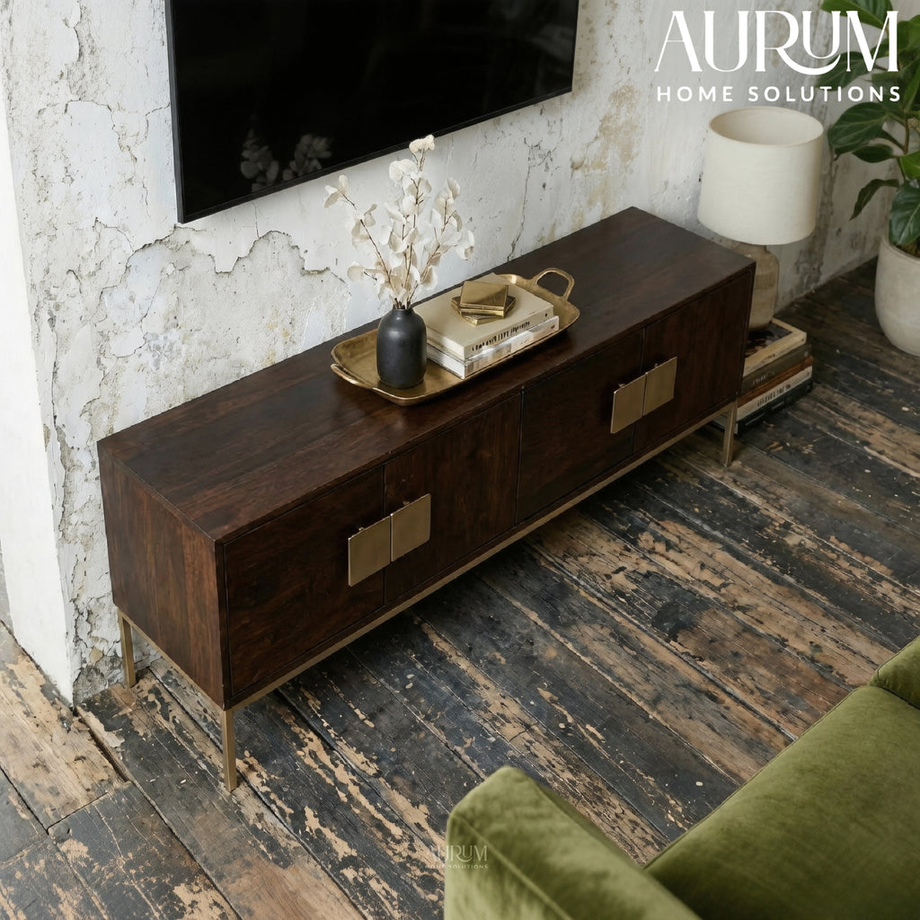 Modern Mango Wood TV Console with Brass Accents