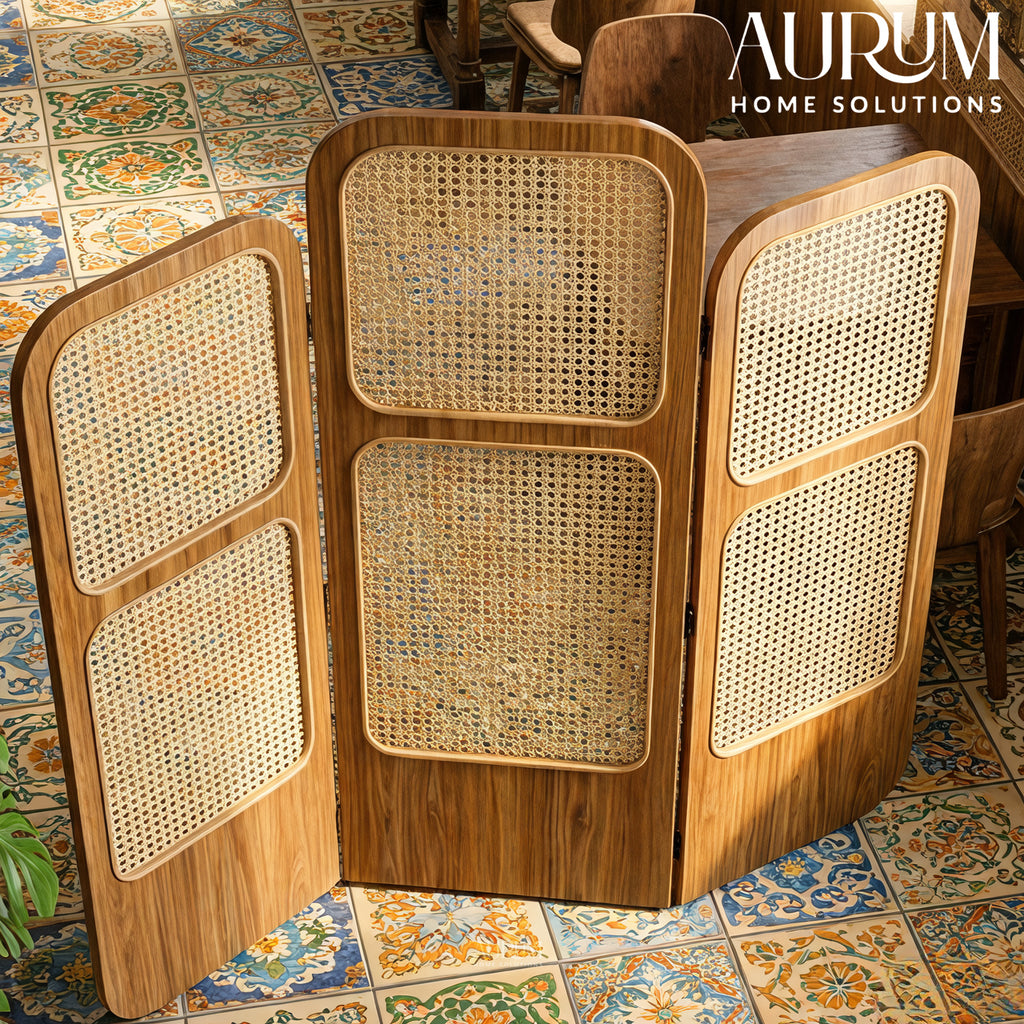 Room Partition Rattan Privacy Screen with Folding Panels