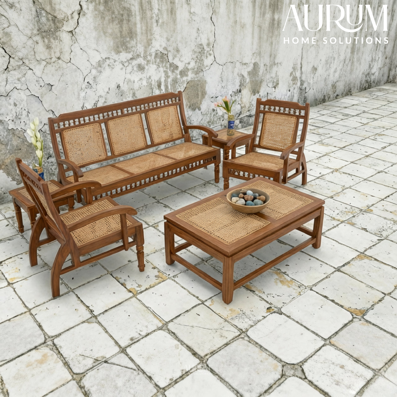 Teakwood Classic Cane Back Sofa Set – Set of 3