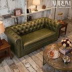 Brand New Olive Green Genuine Leather Chesterfield 2-Seater Sofa