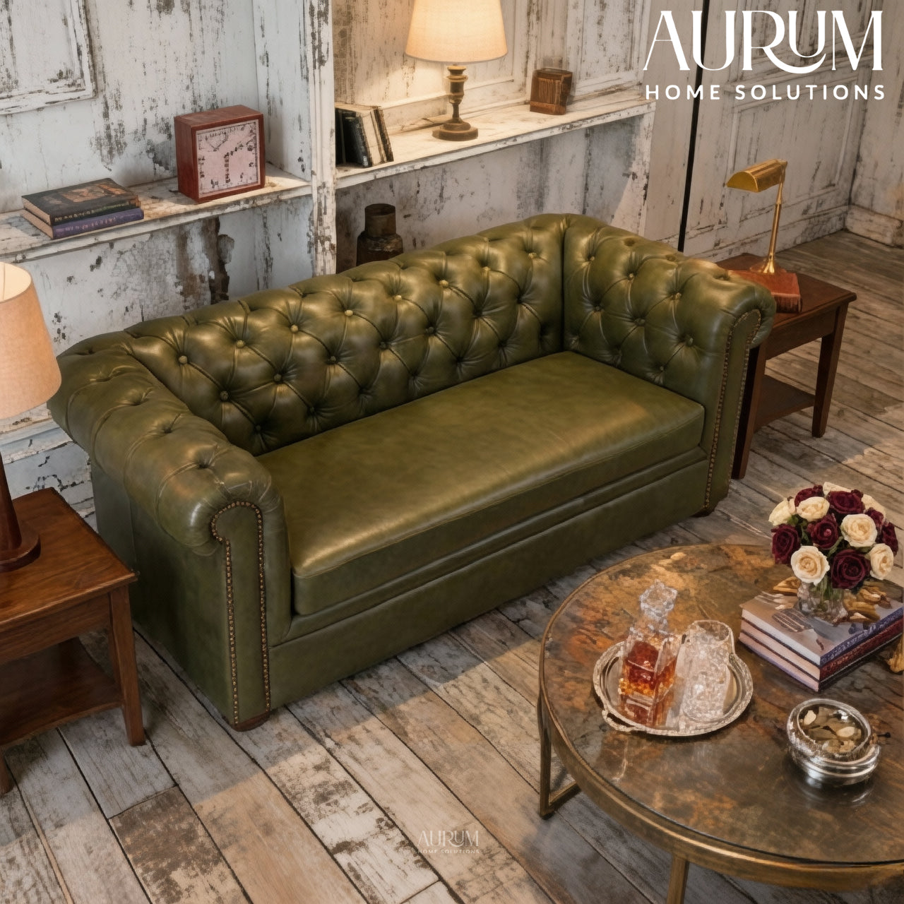 Brand New Olive Green Genuine Leather Chesterfield 2-Seater Sofa