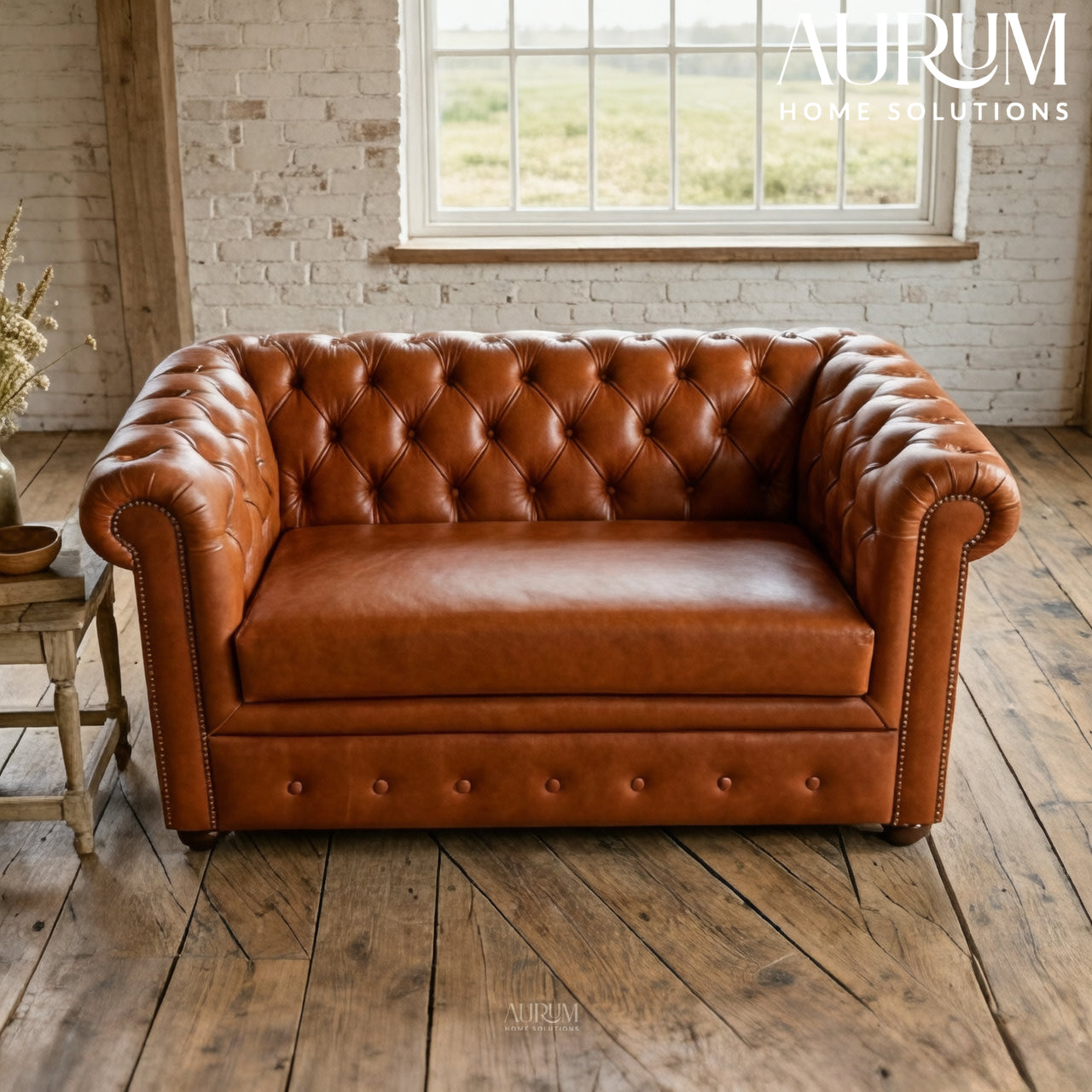 Brand New Tan Leather Chesterfield Two-Seater Sofa