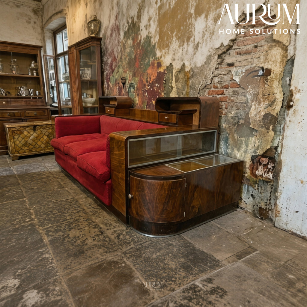 Walnut Italian Sofa with Built-In Bar Cabinet