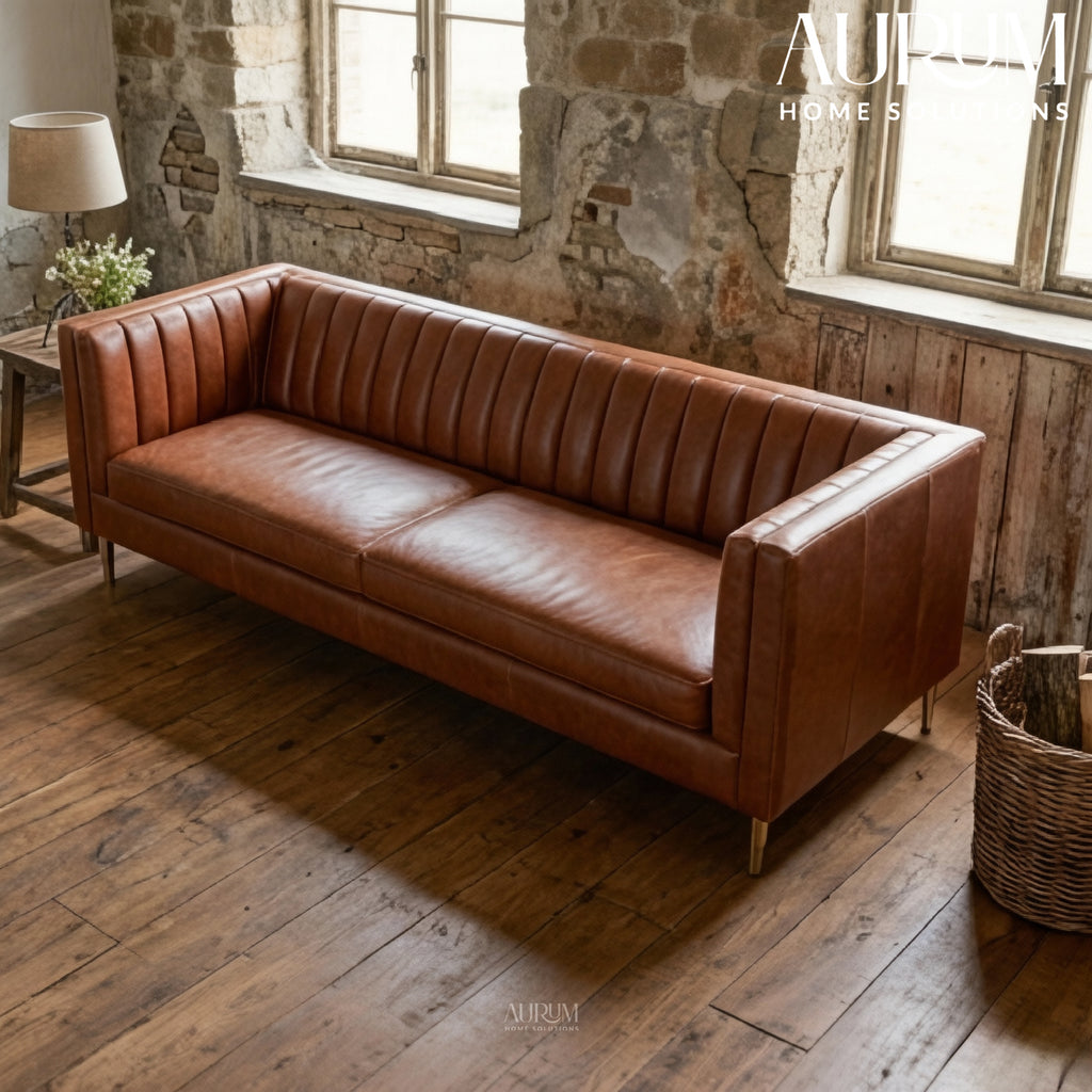 Brand New Linea Cognac Leather Three-Seater Sofa
