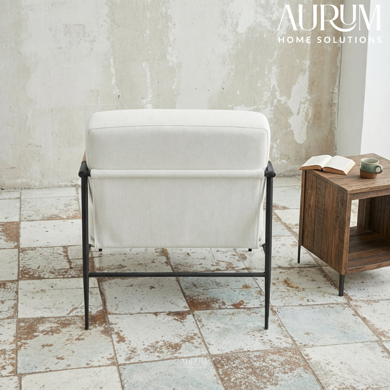 Upholstered White Accent Chair with Metal Legs & Arms