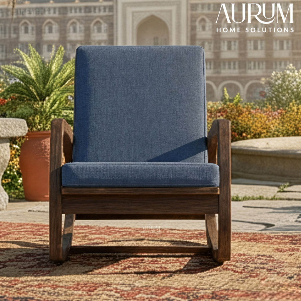 Serene Blue Cushioned Wooden Rocking Chair with Walnut Finish