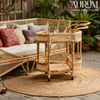Bar Cart with Rattan Shelves and Rolling Wheels