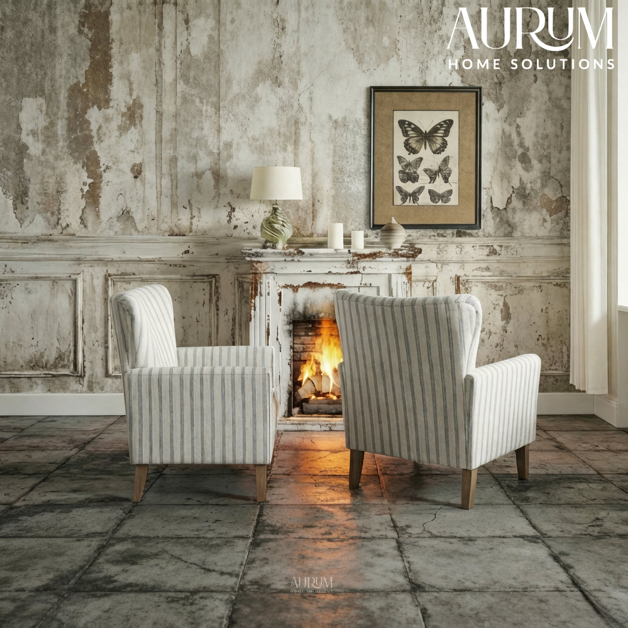 Farmhouse Striped Wingback Chairs – Set of 2