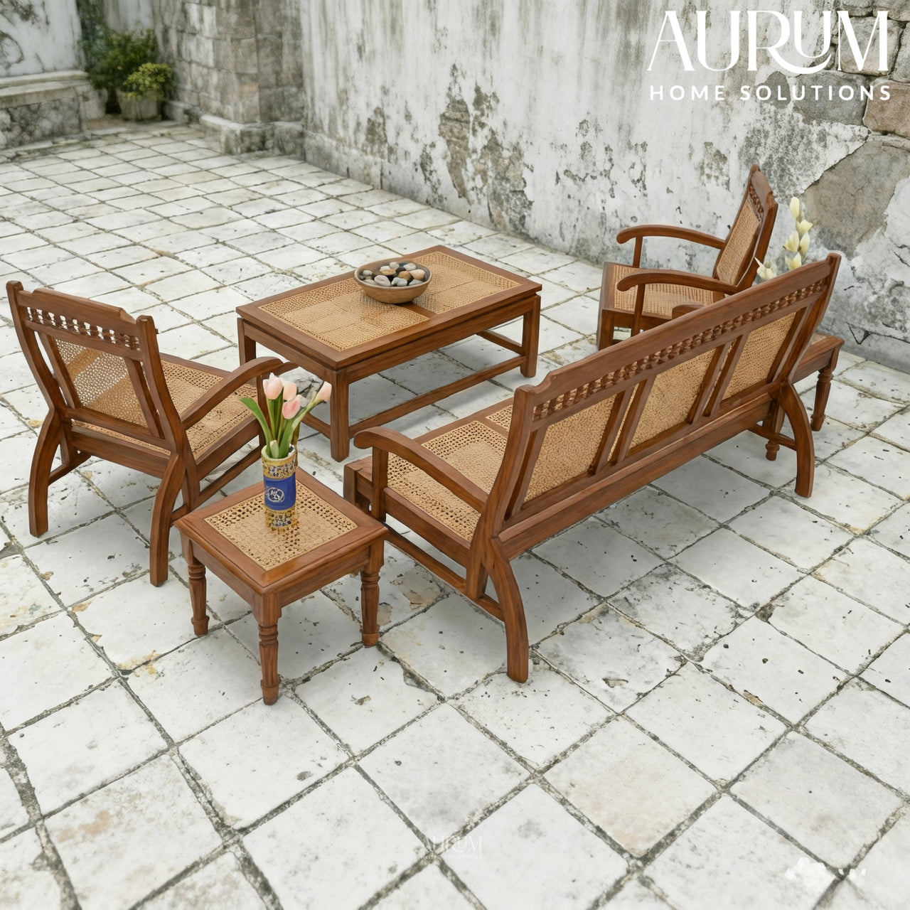 Teakwood Classic Cane Back Sofa Set – Set of 3