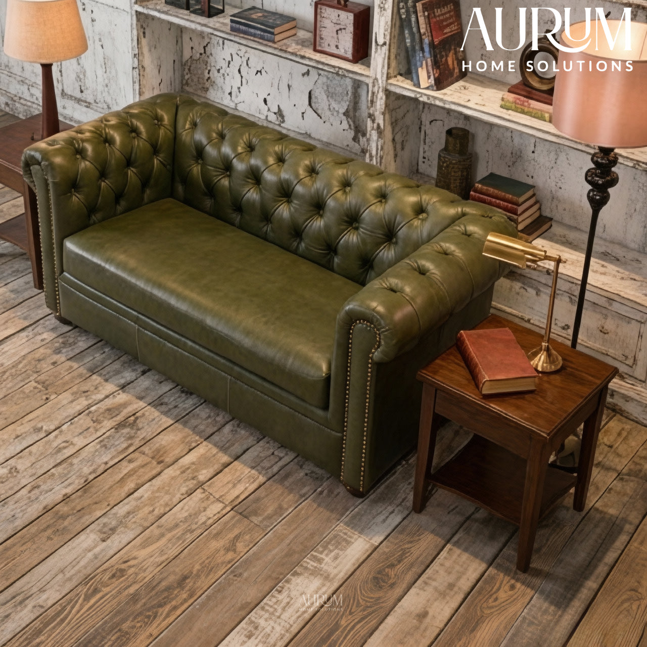 Brand New Olive Green Genuine Leather Chesterfield 2-Seater Sofa