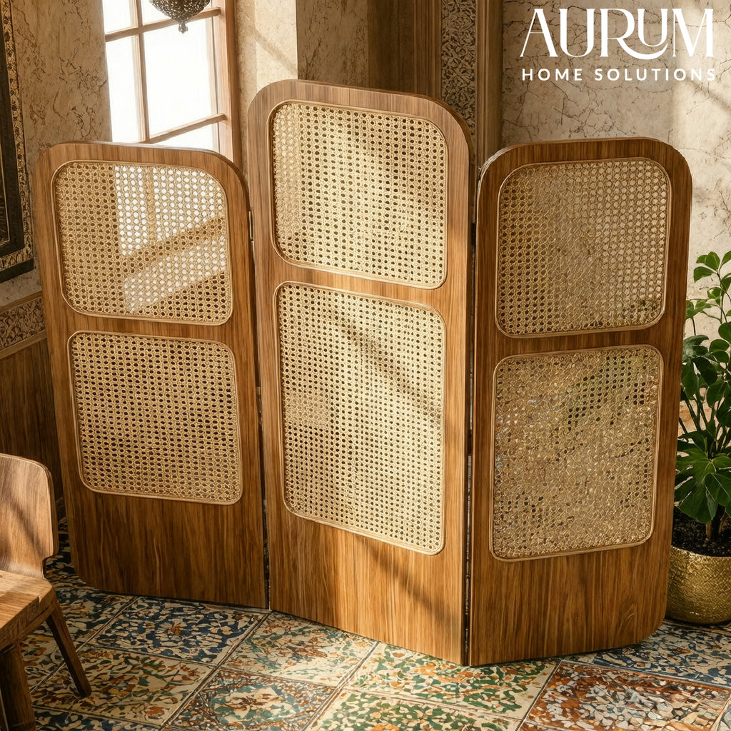 Room Partition Rattan Privacy Screen with Folding Panels