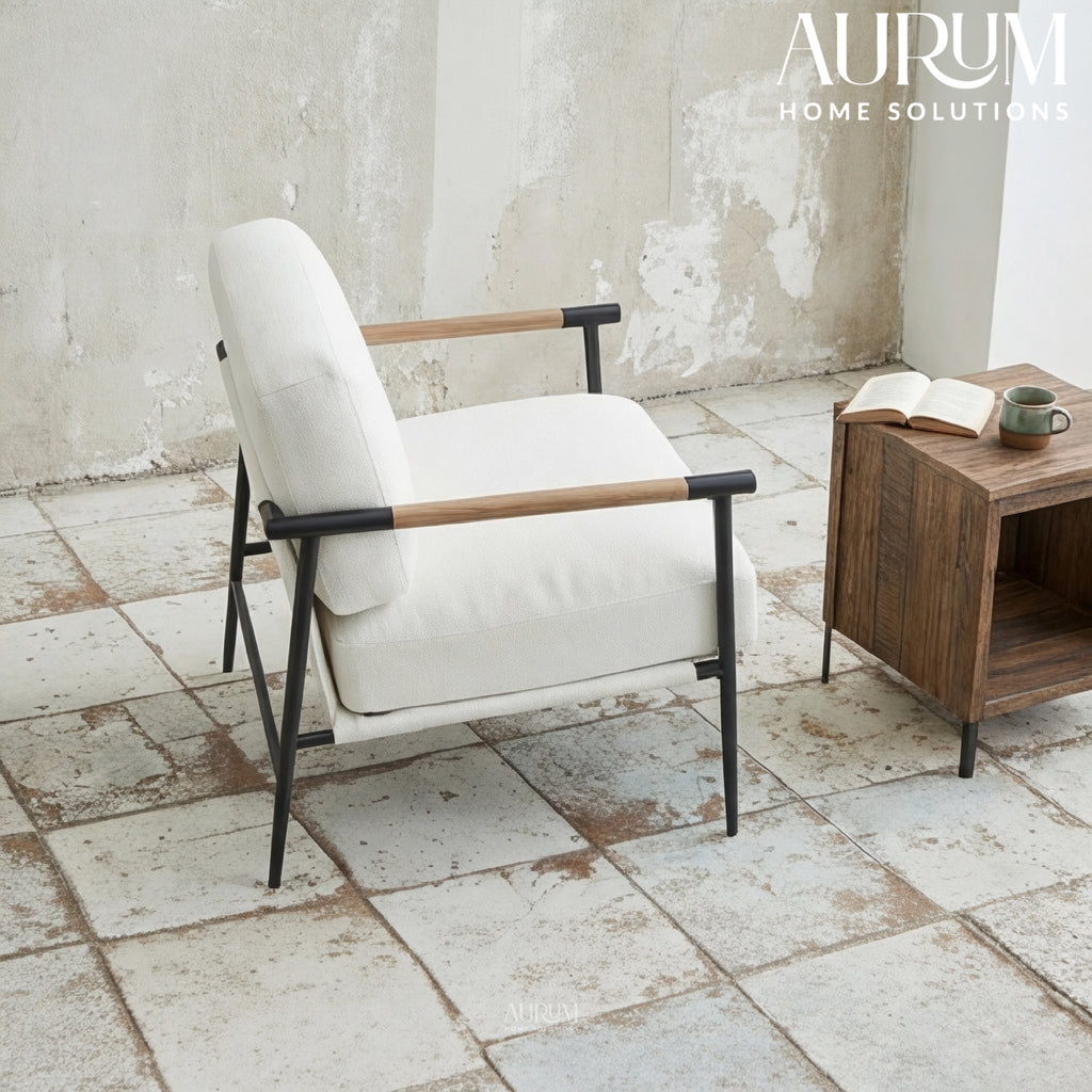 Upholstered White Accent Chair with Metal Legs & Arms