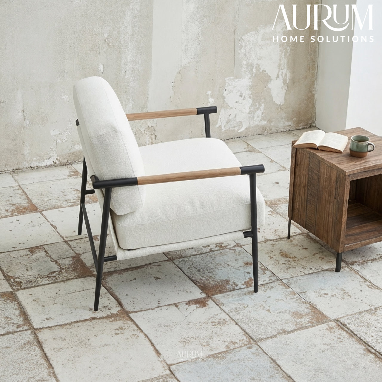 Upholstered White Accent Chair with Metal Legs & Arms
