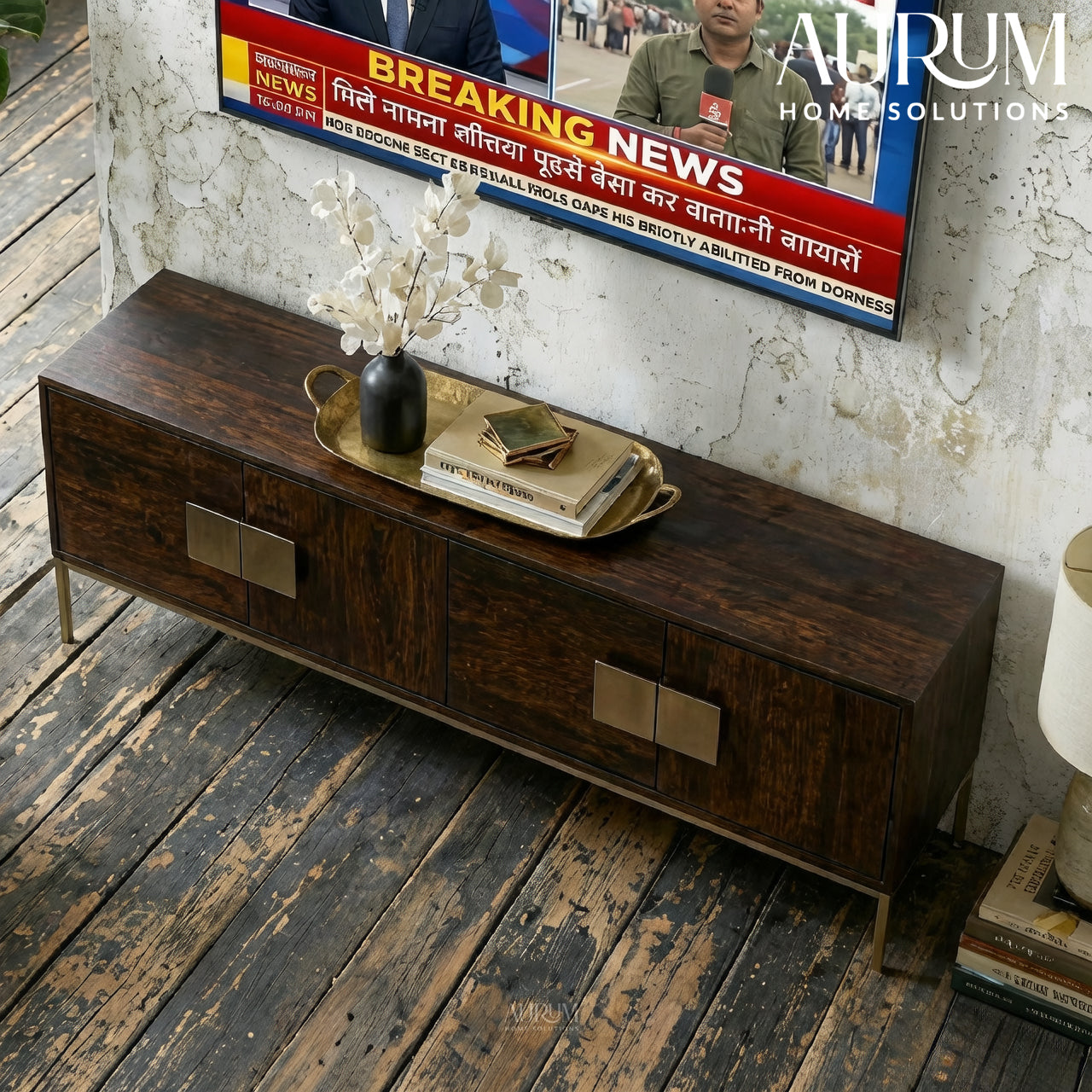 Modern Mango Wood TV Console with Brass Accents