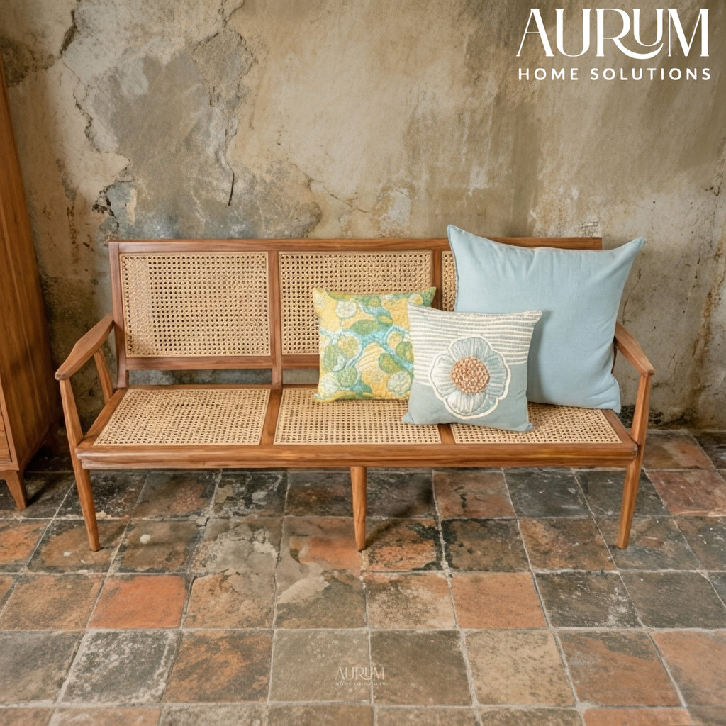 Modern Solid Wood Sinni 3 Seater Wicker Bench