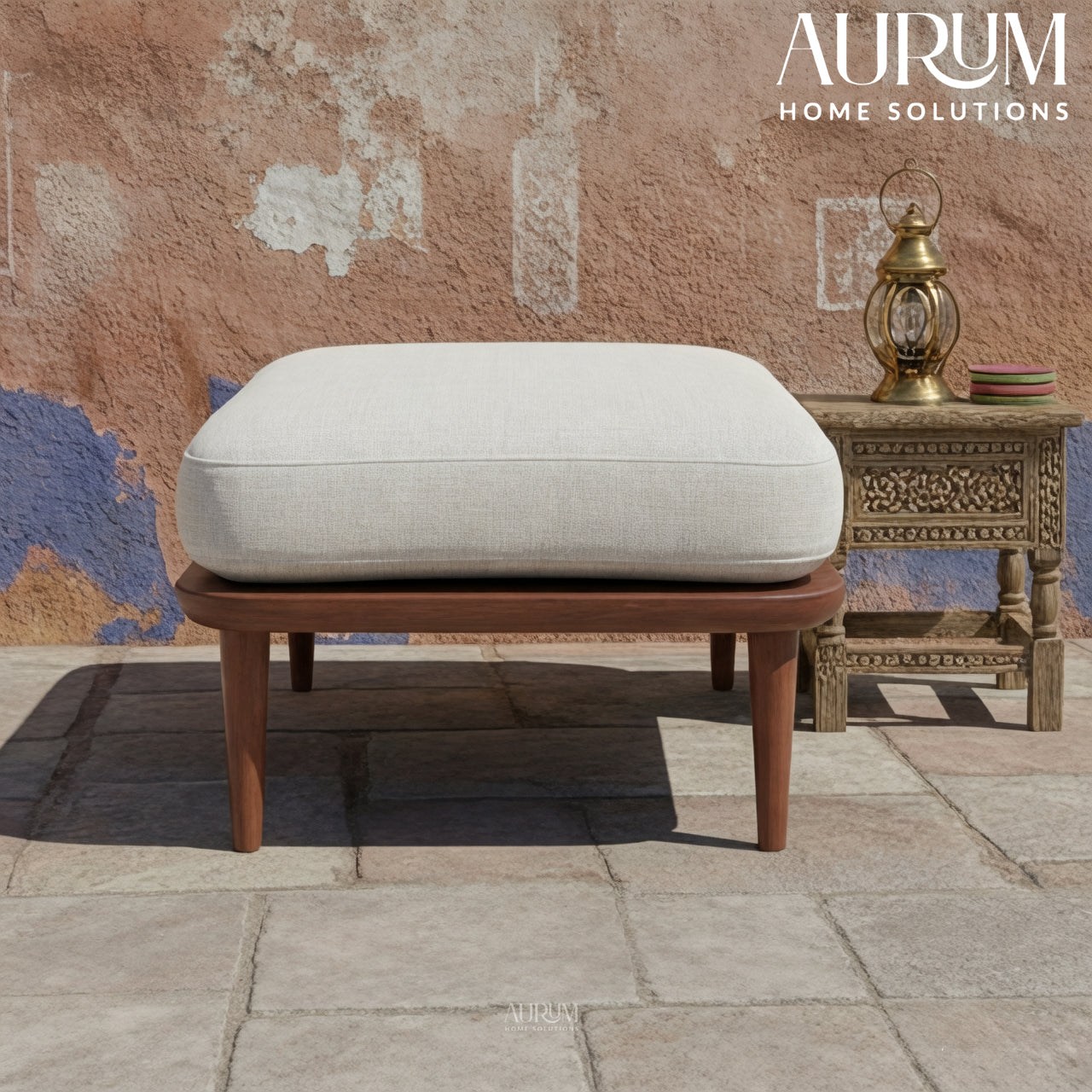 Teakwood Upholstered Accent Stool