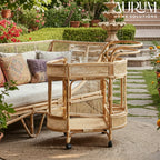 Bar Cart with Rattan Shelves and Rolling Wheels