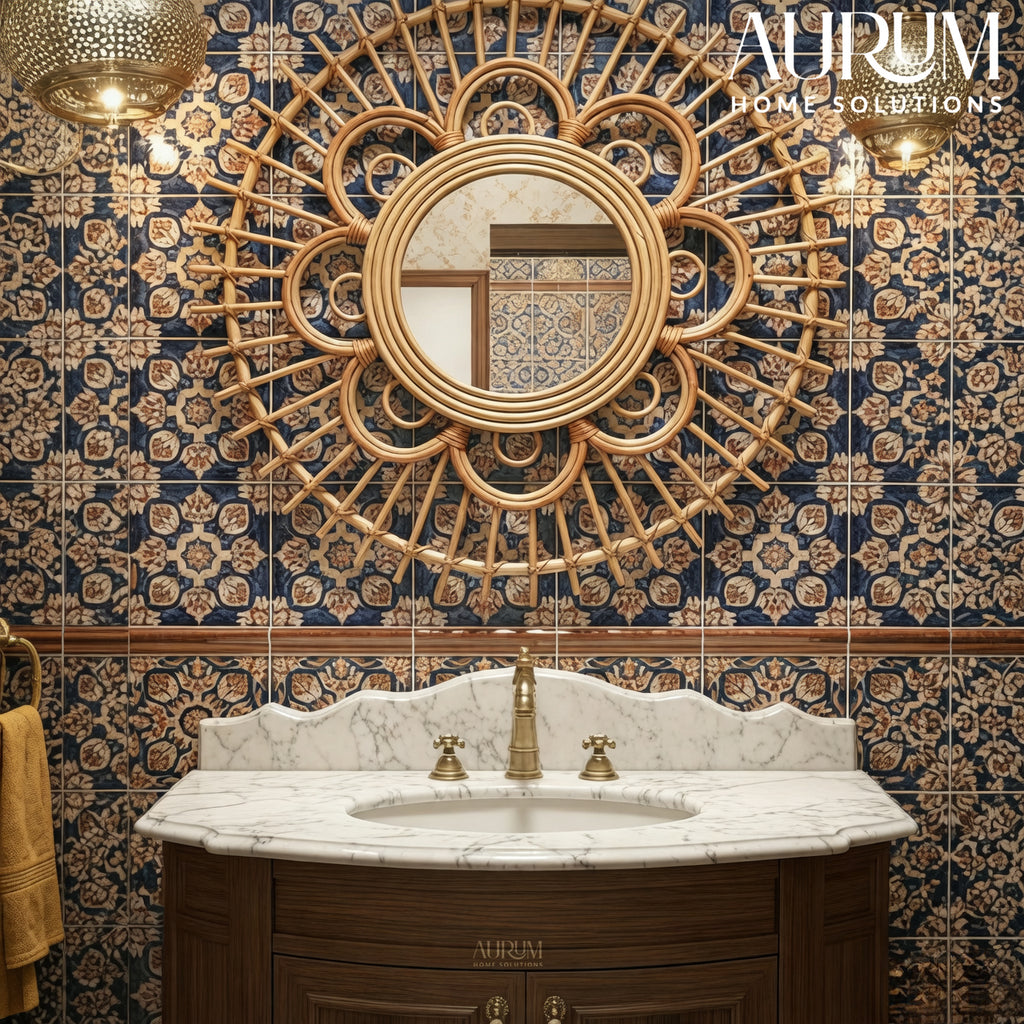 Wall Mirror with Rattan Sunburst Design for Homes