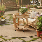 Bar Cart with Rattan Shelves and Rolling Wheels