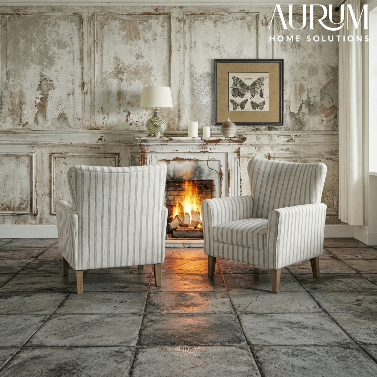 Farmhouse Striped Wingback Chairs – Set of 2