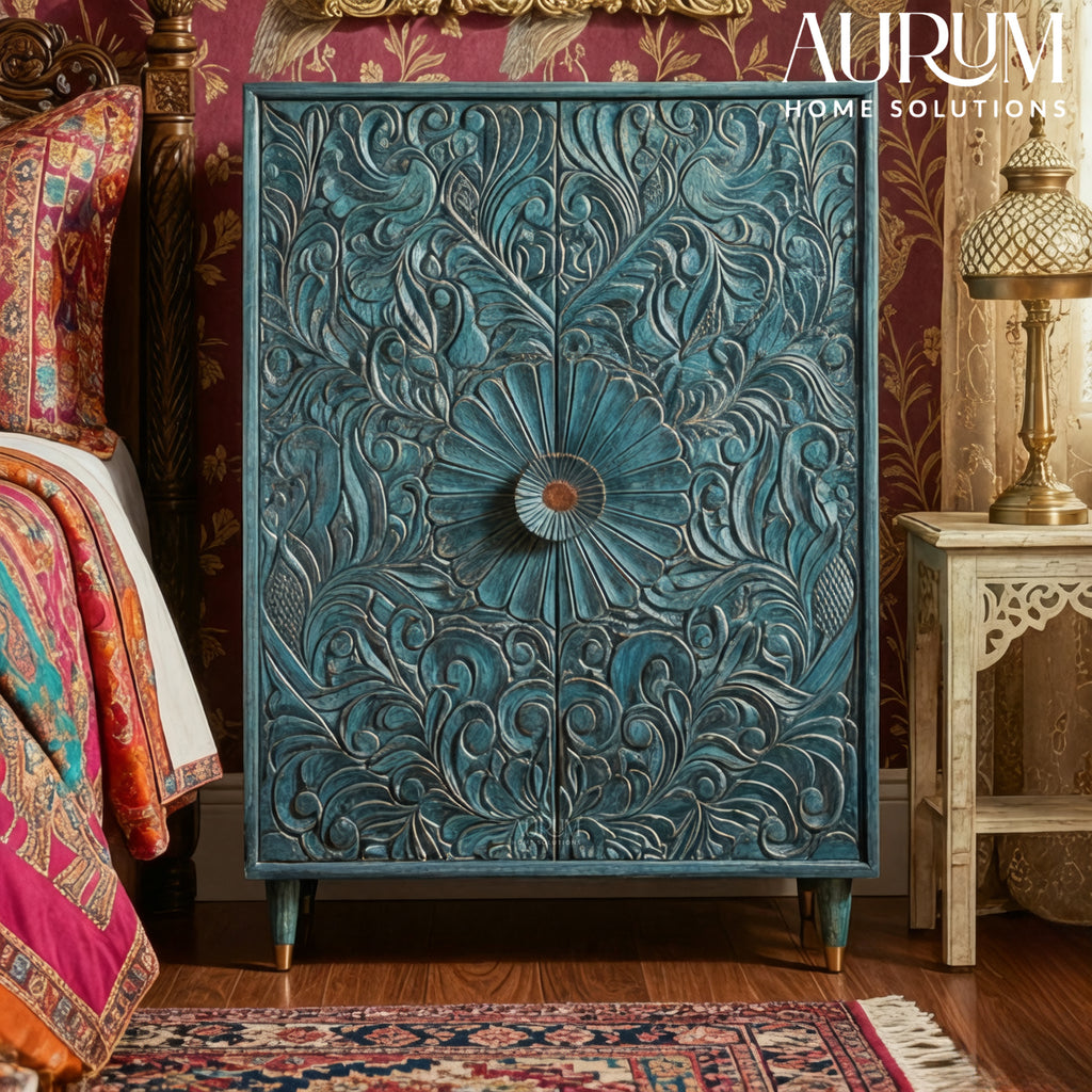 Handcarved Cabinet in Indigo