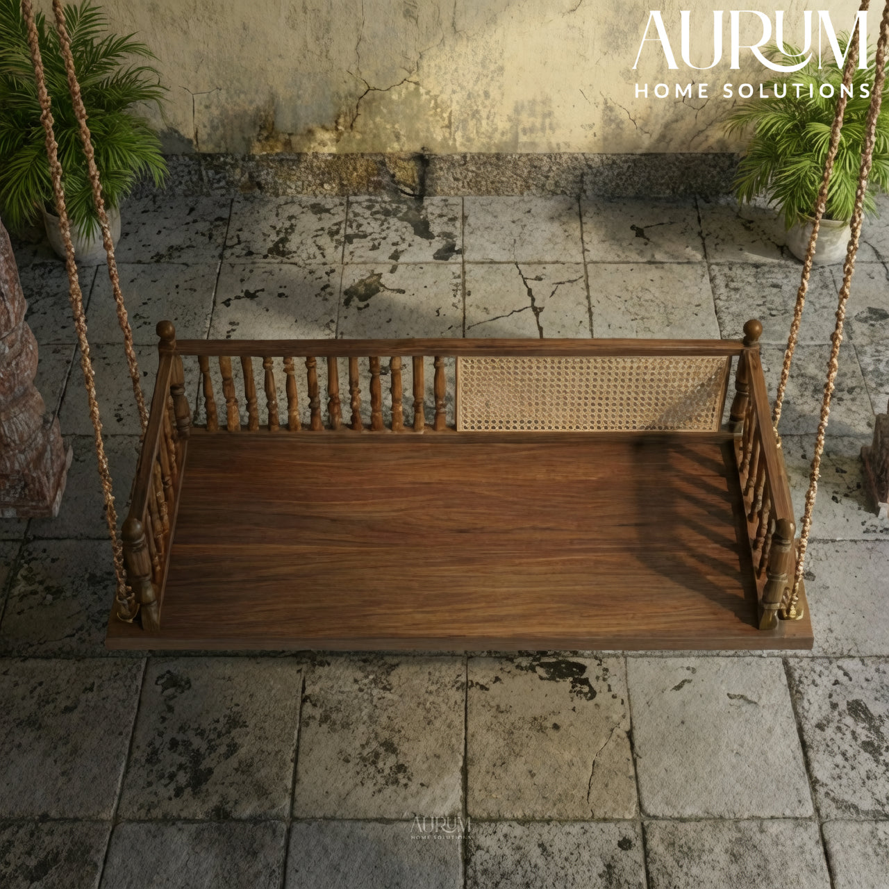 Classic Slatted Back Teakwood Swing with Cane Inlay