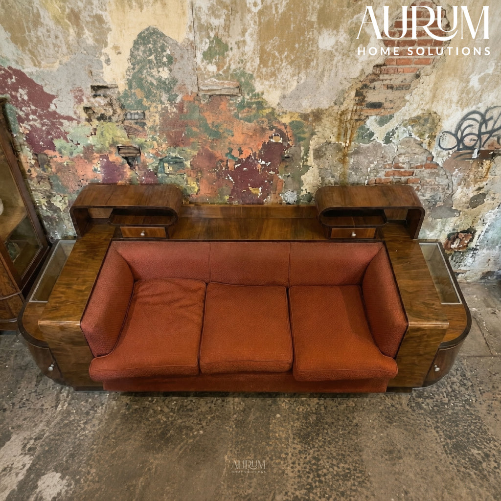 Walnut Italian Sofa with Built-In Bar Cabinet