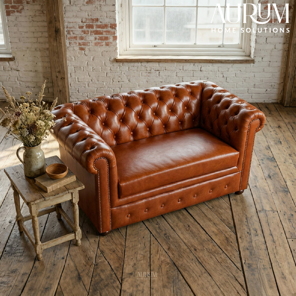 Brand New Tan Leather Chesterfield Two-Seater Sofa