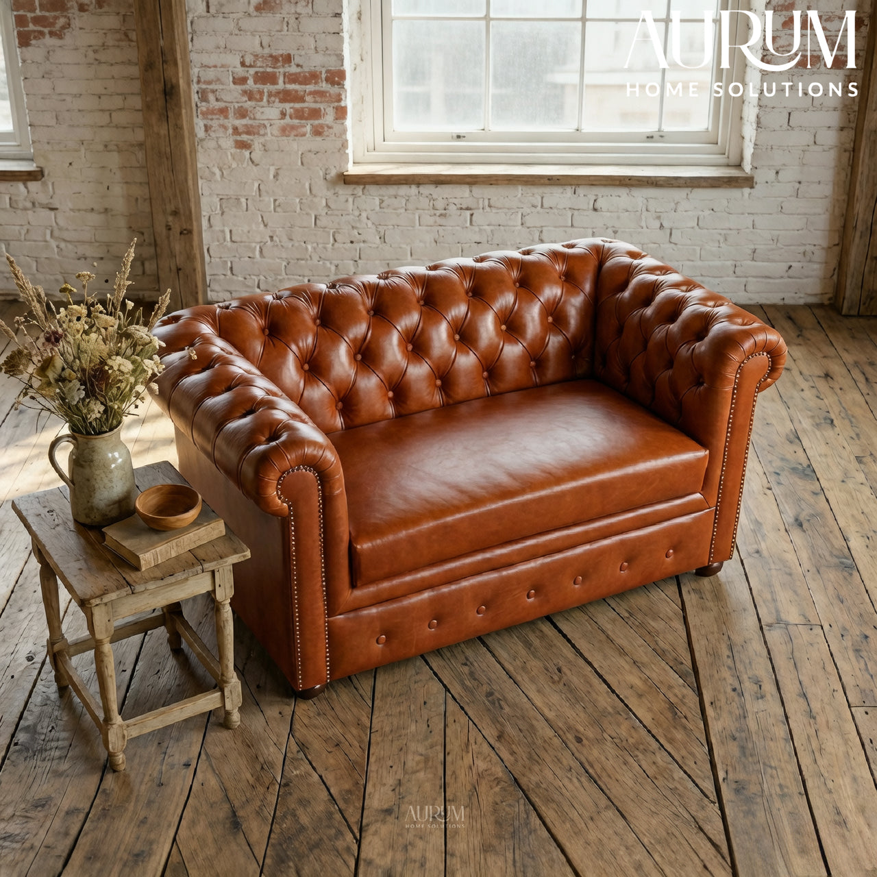 Brand New Tan Leather Chesterfield Two-Seater Sofa