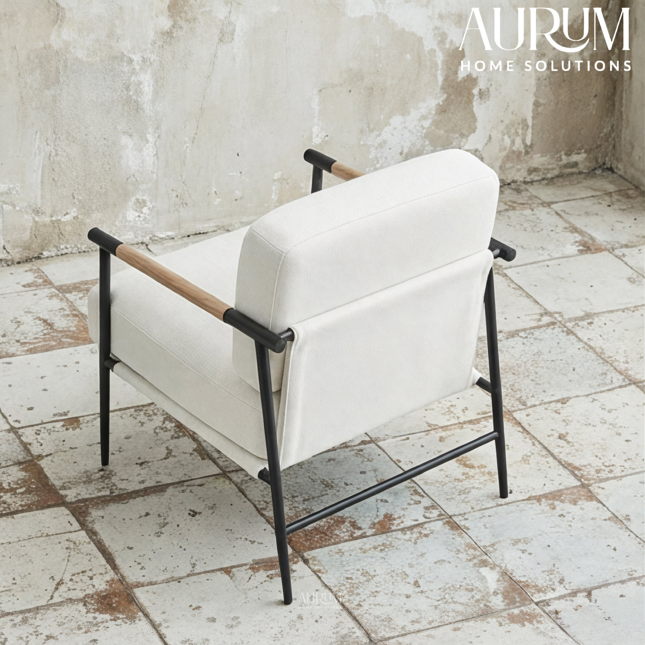Upholstered White Accent Chair with Metal Legs & Arms