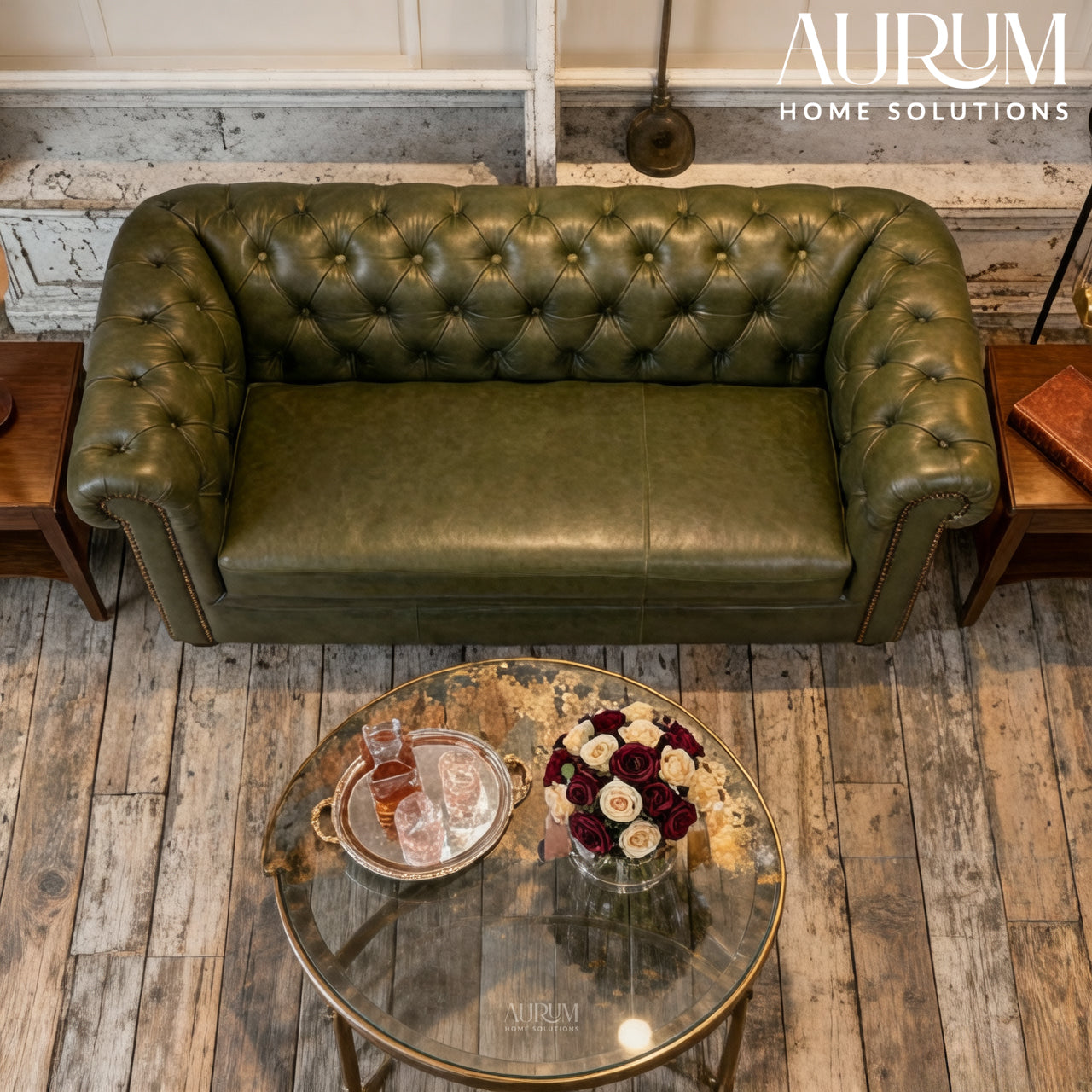 Brand New Olive Green Genuine Leather Chesterfield 2-Seater Sofa
