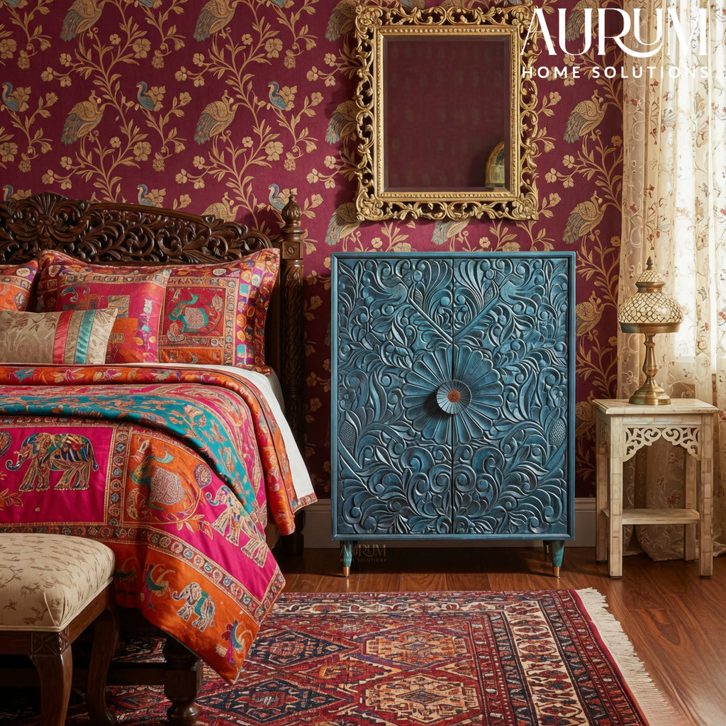 Handcarved Cabinet in Indigo