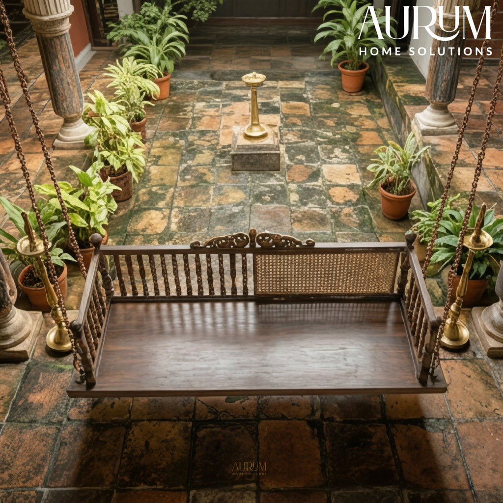 Teakwood Swing with Ornate Cane-Panel Backrest