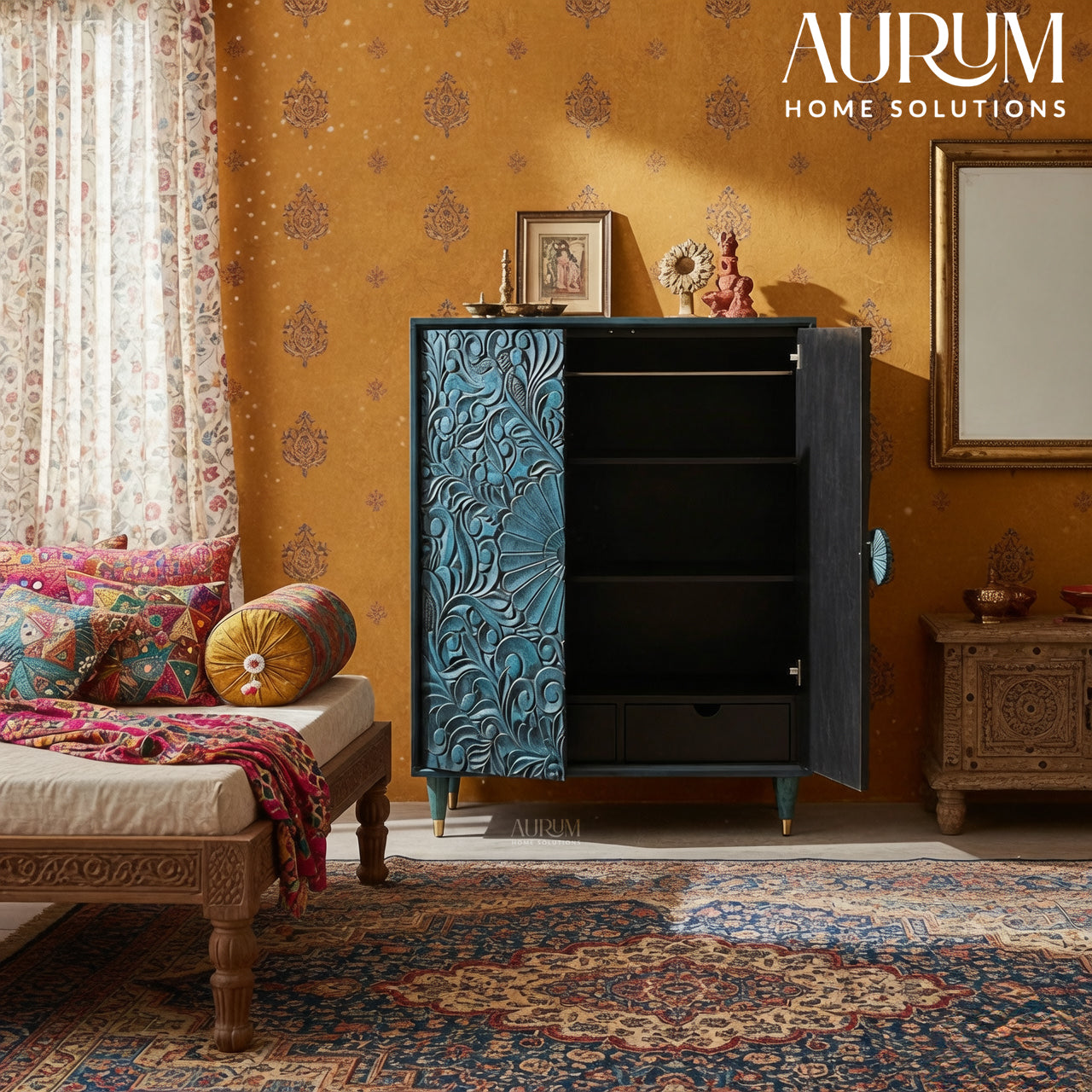 Handcarved Cabinet in Indigo