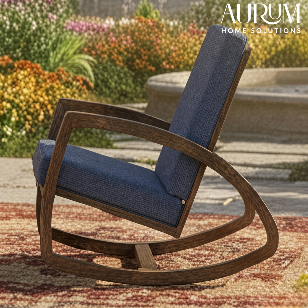 Serene Blue Cushioned Wooden Rocking Chair with Walnut Finish