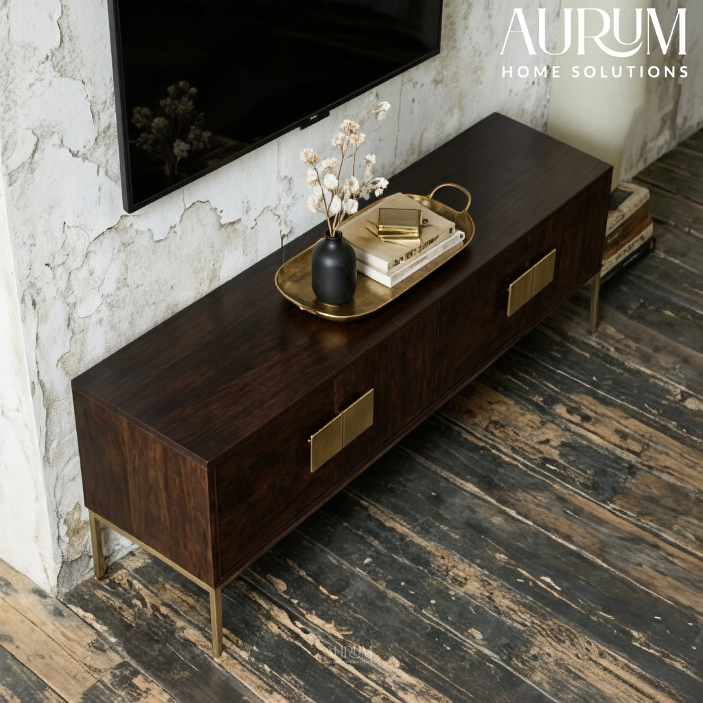 Modern Mango Wood TV Console with Brass Accents