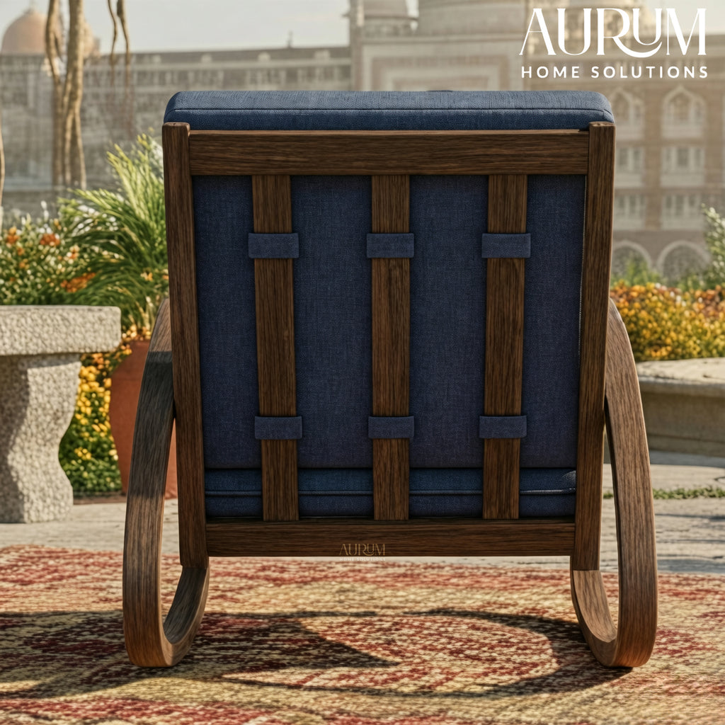 Serene Blue Cushioned Wooden Rocking Chair with Walnut Finish