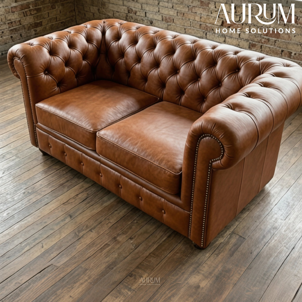 Brand New Tan Leather Chesterfield Two-Seater Sofa