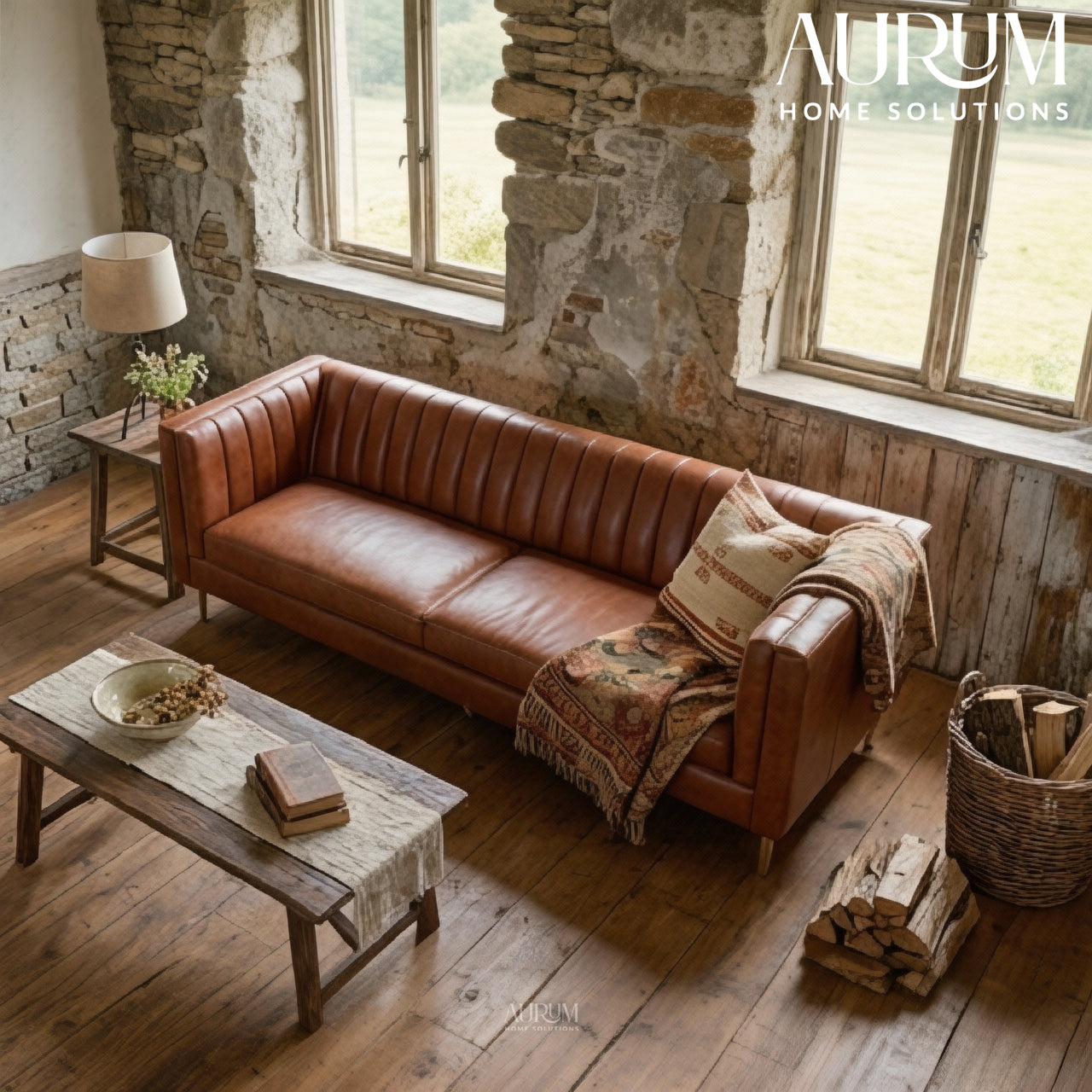 Brand New Linea Cognac Leather Three-Seater Sofa