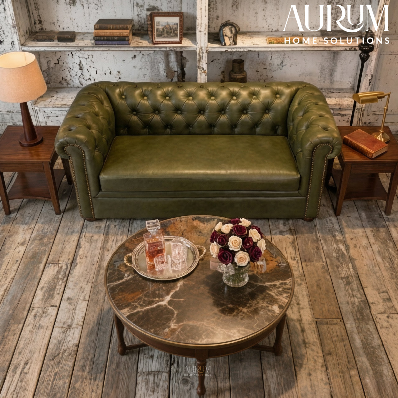 Brand New Olive Green Genuine Leather Chesterfield 2-Seater Sofa
